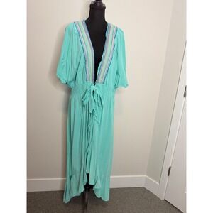 America & Beyond Turquoise Embroidered Boho Smocked‎ High Low Maxi Dress XL